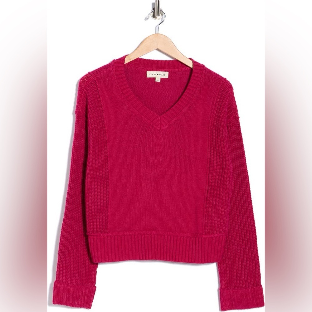 Lucky Brand Textured V-Neck Sweater in Sangria - Picture 3 of 14